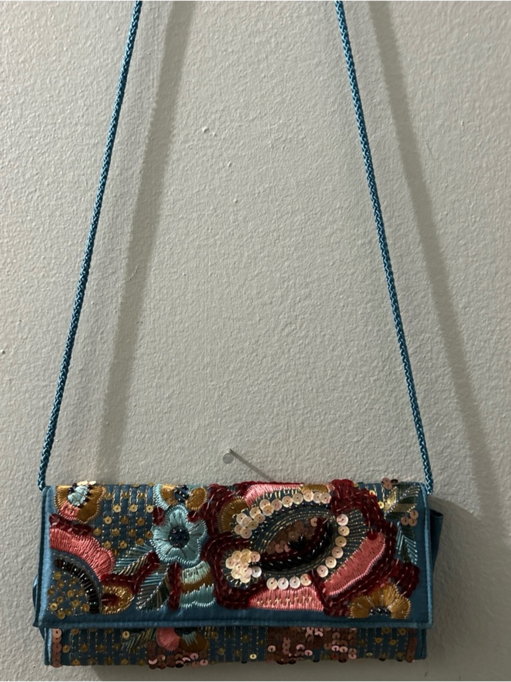 Kate Landry Sequin Beaded Floral Embroidery Crossbody Clutch Purse Bohemian
